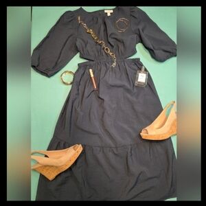 Ingrid & Isabel Side Cutout Puff Sleeve Midi Dress • Ink Blue • XS